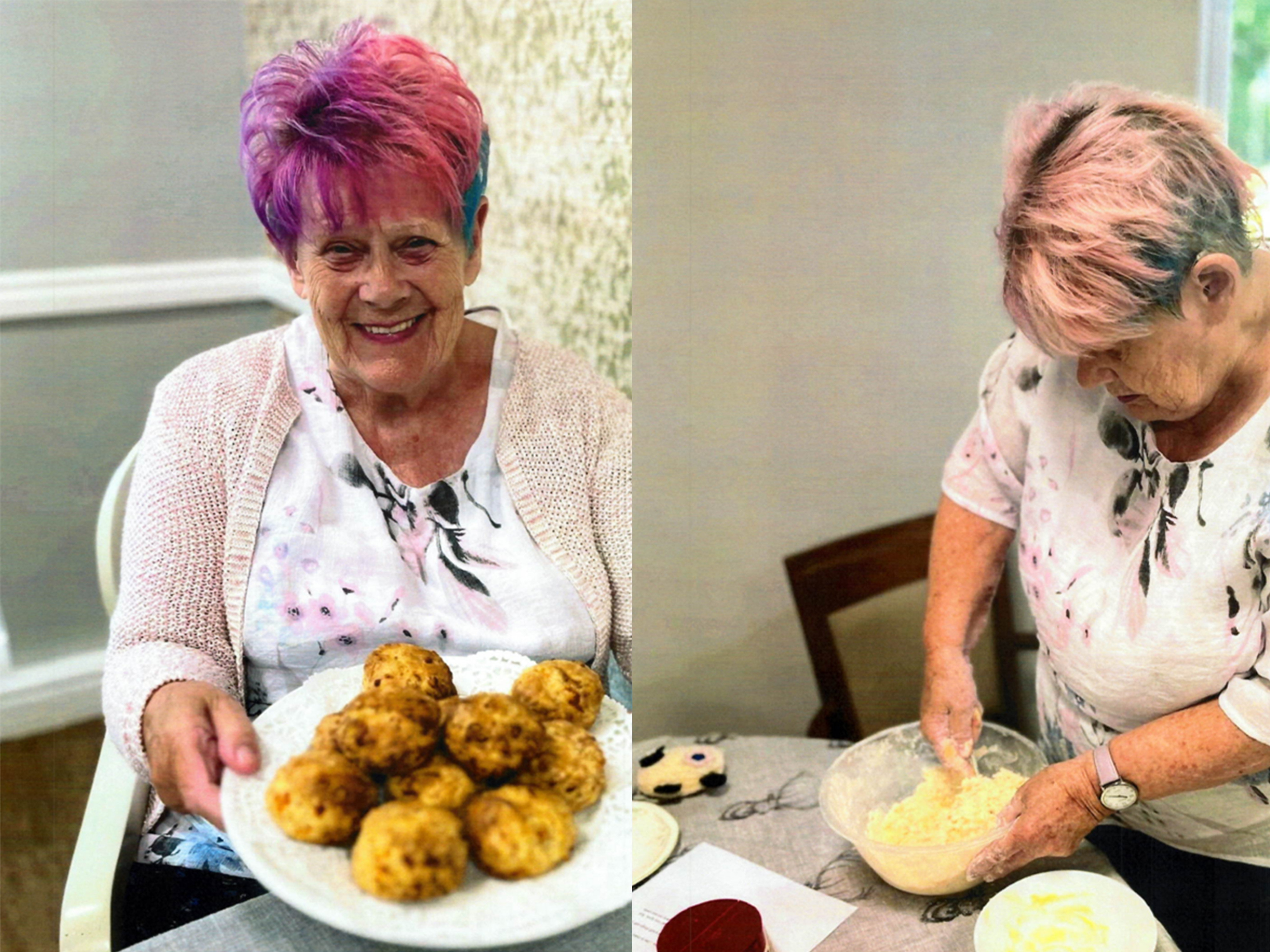 Lyn's Cheese Scones Side by side image of elderly woman with pink hair baking cheese scones