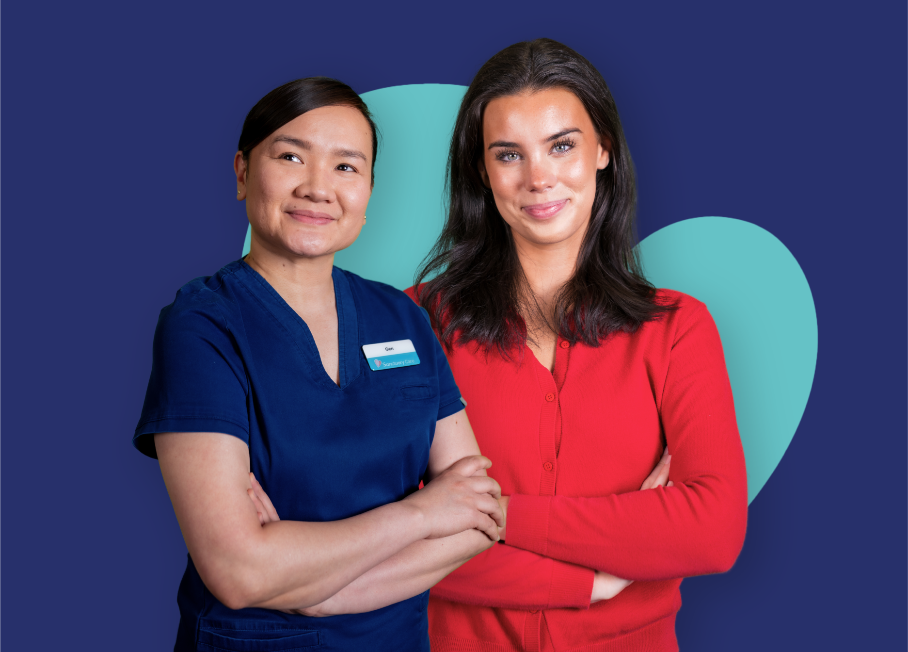 ID04 Jobs home - Career that supports you back Two people standing side by side with folded arms against a blue background with teal circular shapes.