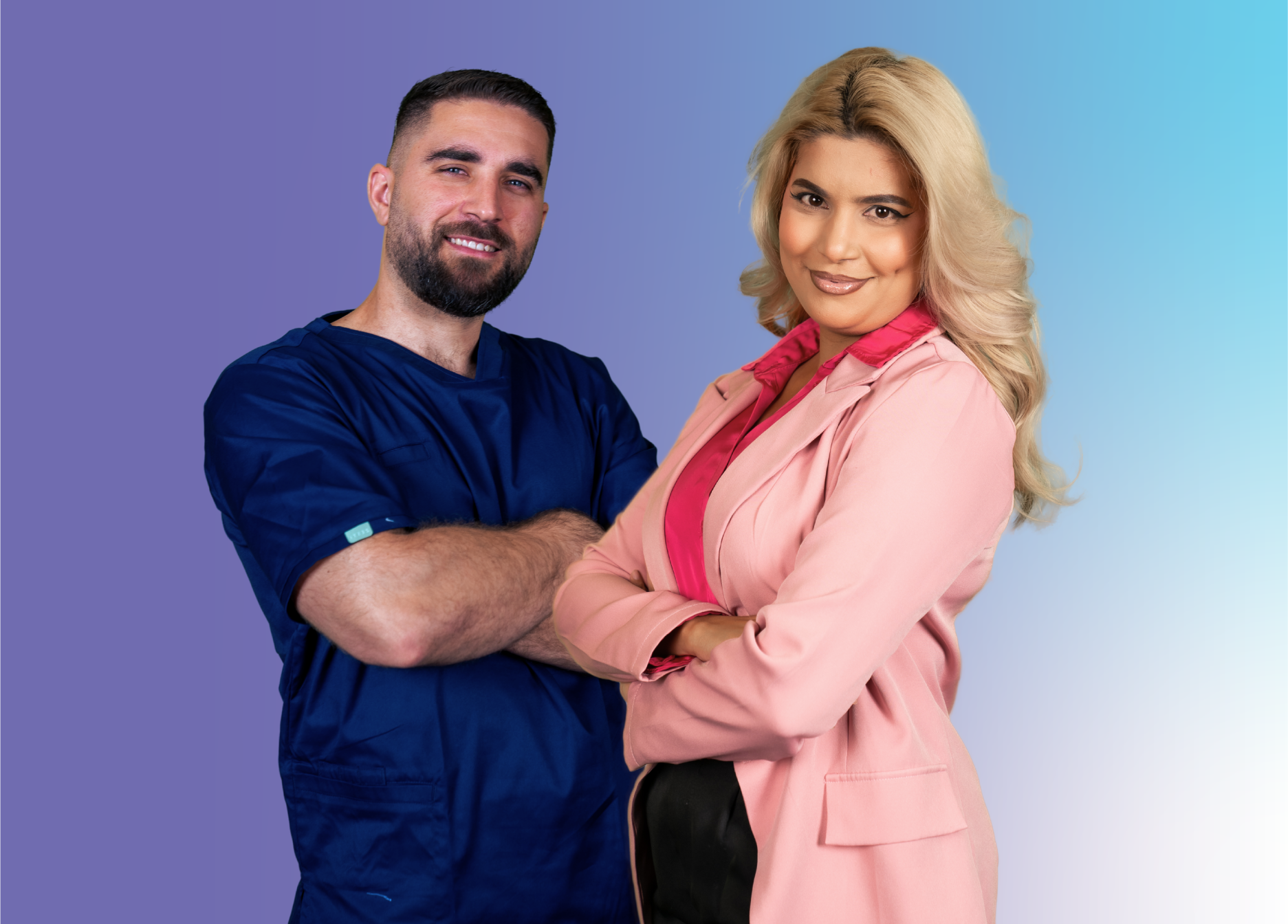 ID05 Jobs home - Grow with us Two people standing together with folded arms against a blue gradient background.