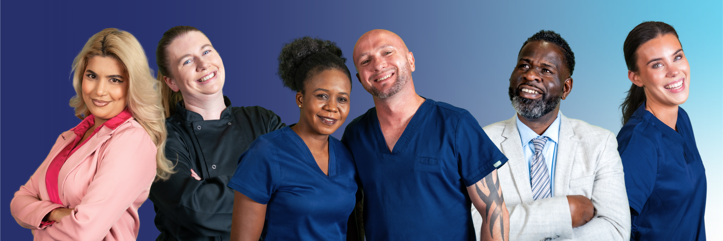 ID11 Jobs home - Become part of something special A group of six people standing together against a blue gradient background, wearing a mix of professional and workplace clothing.