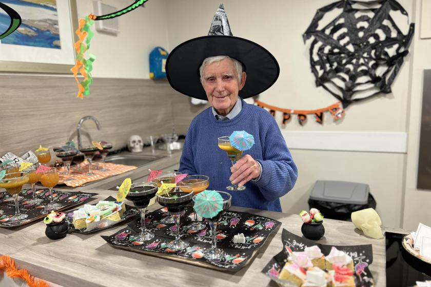 Resident Daniel Harris enjoys Halloween themed cocktails at our Westwood House Care Home in East Kilbride 