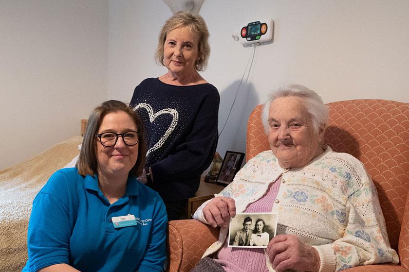 Kate, Activities Coordinator at Westmead Residential Care Home in Droitwich with resident Eileen Collett and her daughter Susan Pugh 