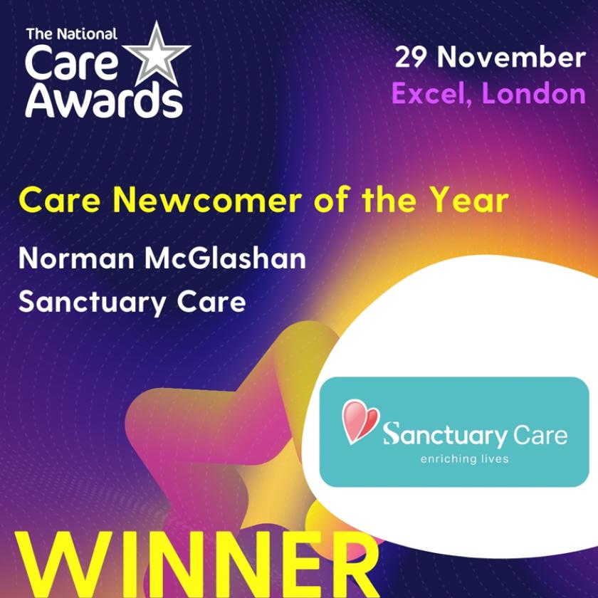 National Care Awards 2024 winner graphic for Care Newcomer of the Year: Norman McGlashan, Sanctuary Care