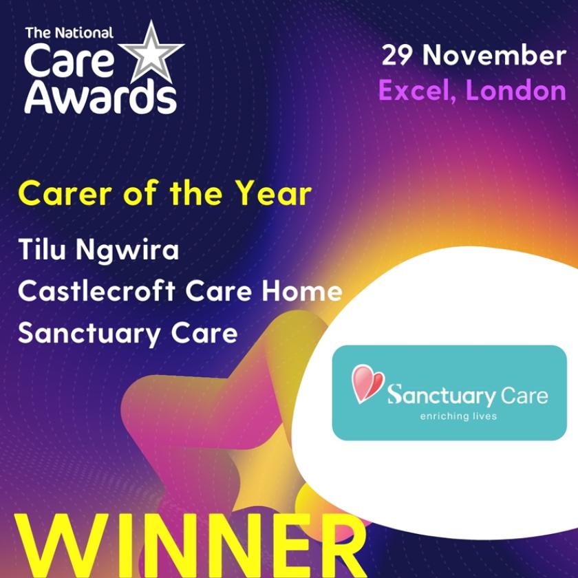 National Care Awards 2024 winner graphic for Carer of the Year: Tilu Ngwira, Castlecroft Care Home, Sanctuary Care