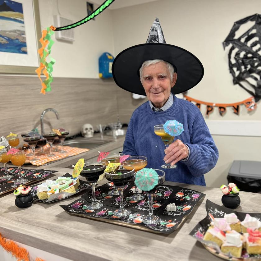 Resident Daniel Harris enjoys Halloween themed cocktails at our Westwood House Care Home in East Kilbride 