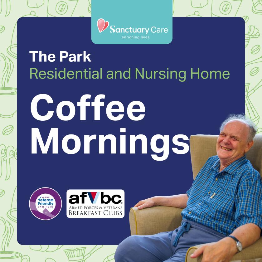 Veteran Coffee Mornings at the Park An elderly man sits smiling in a chair on a poster promoting veteran coffee mornings