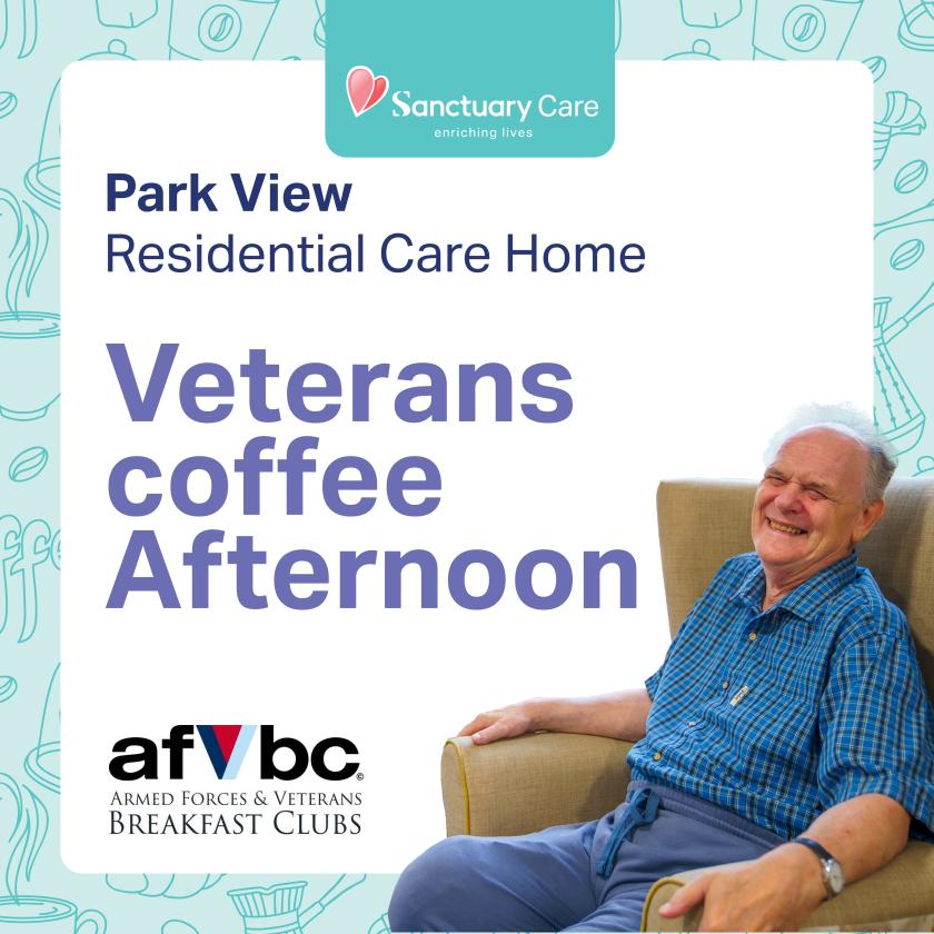 Veterans coffee Afternoon poster Poster image with an elderly man smiling in his chair, advertising a Veterans coffee afternoon